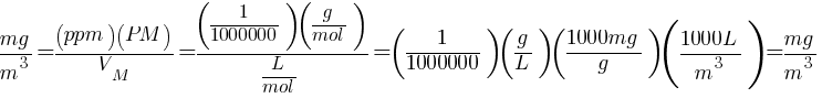 mg/m^3={(ppm)(PM)}/V_{M}={{(1/1000000)(g/mol)}}/{L/mol}={(1/1000000)}{(g/L)} {({1000mg}/{g})}{({1000L}/{m^3})}=mg/m^3