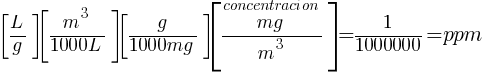 delim{[}{{L}/{g}}{]}delim{[}{{m^3}/{1000L}}{]}delim{[}{{g}/{1000mg}}{]}delim{[}{{mg}over{concentracion}/{m^3}}{]}=1/1000000=ppm